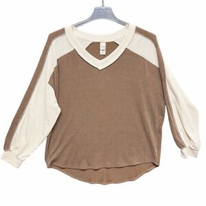 7th Ray Color Block Ribbed V-Neck Top XL Brown Long Sleeve Vintage Boho Retro